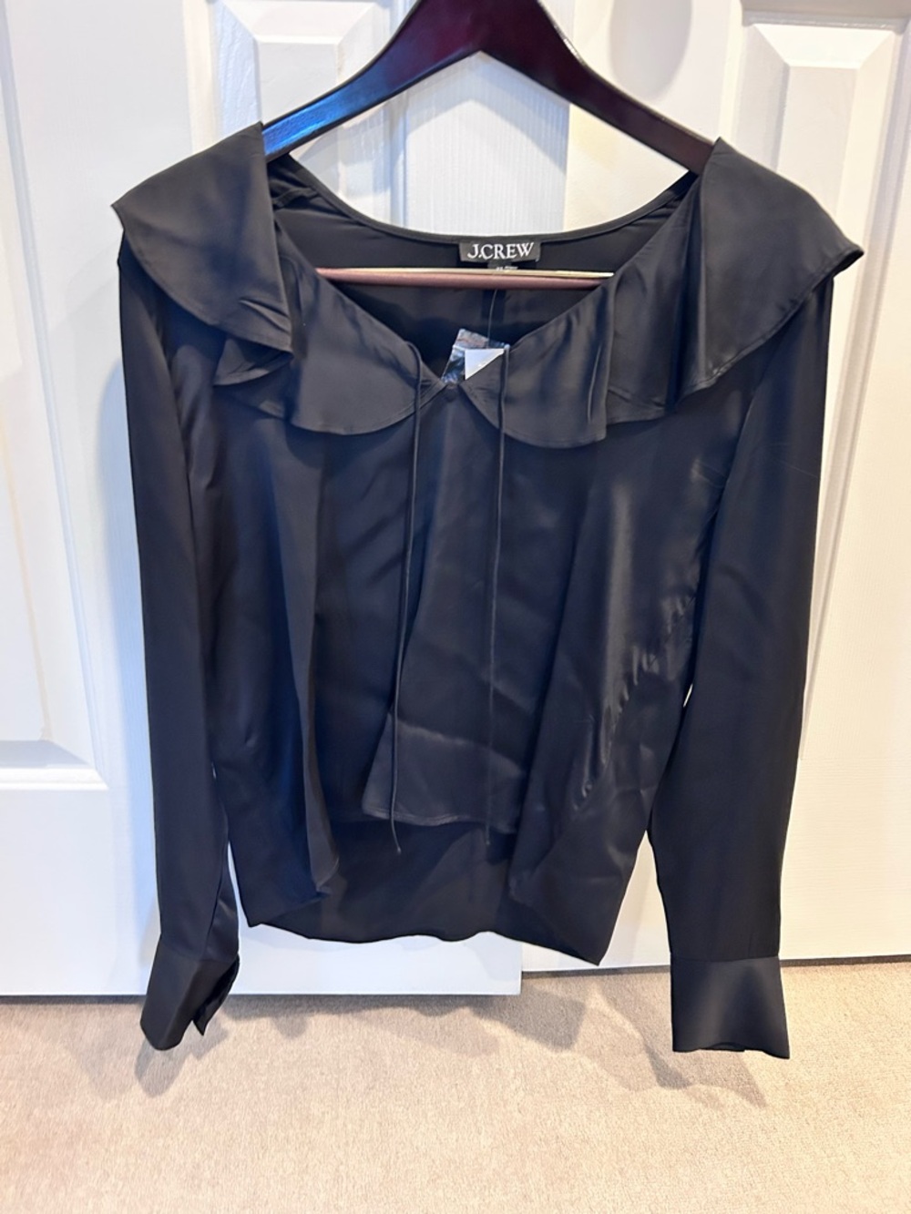 NWT - J.Crew Black Satin Ruffle-Collar Tie Blouse